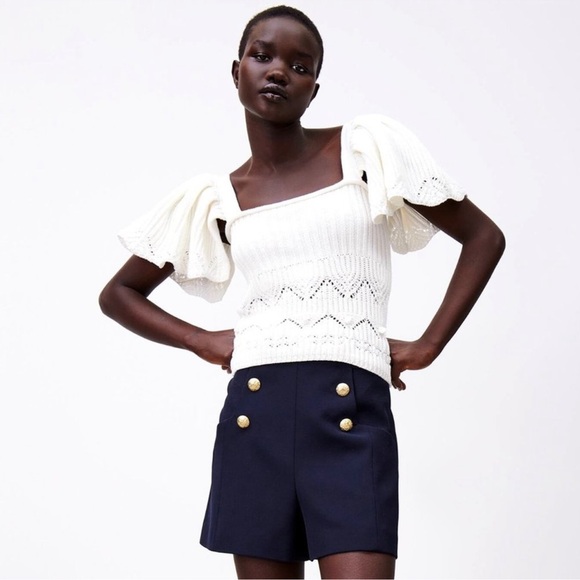 Zara Tops - Zara Ruffle Knit Crochet Top White Size Medium